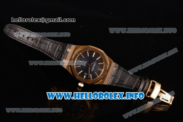 Audemars Piguet Royal Oak 41 Clone AP Calibre 3120 Automatic Yellow Gold Case with Blue Dial Stick Markers and Black Leather Strap (BP) - Click Image to Close